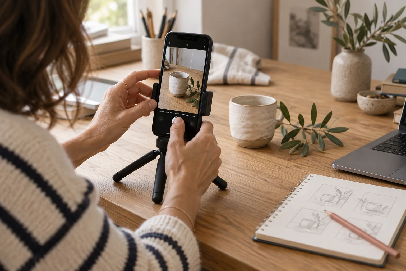 Exemple de création de contenu : photographier un produit avec un smartphone sur trépied.